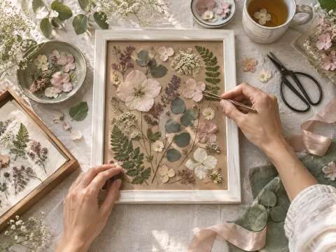 Illustrative AI image: overhead view of a white frame being filled with pressed dried flowers, with tweezers, shears and ribbon nearby