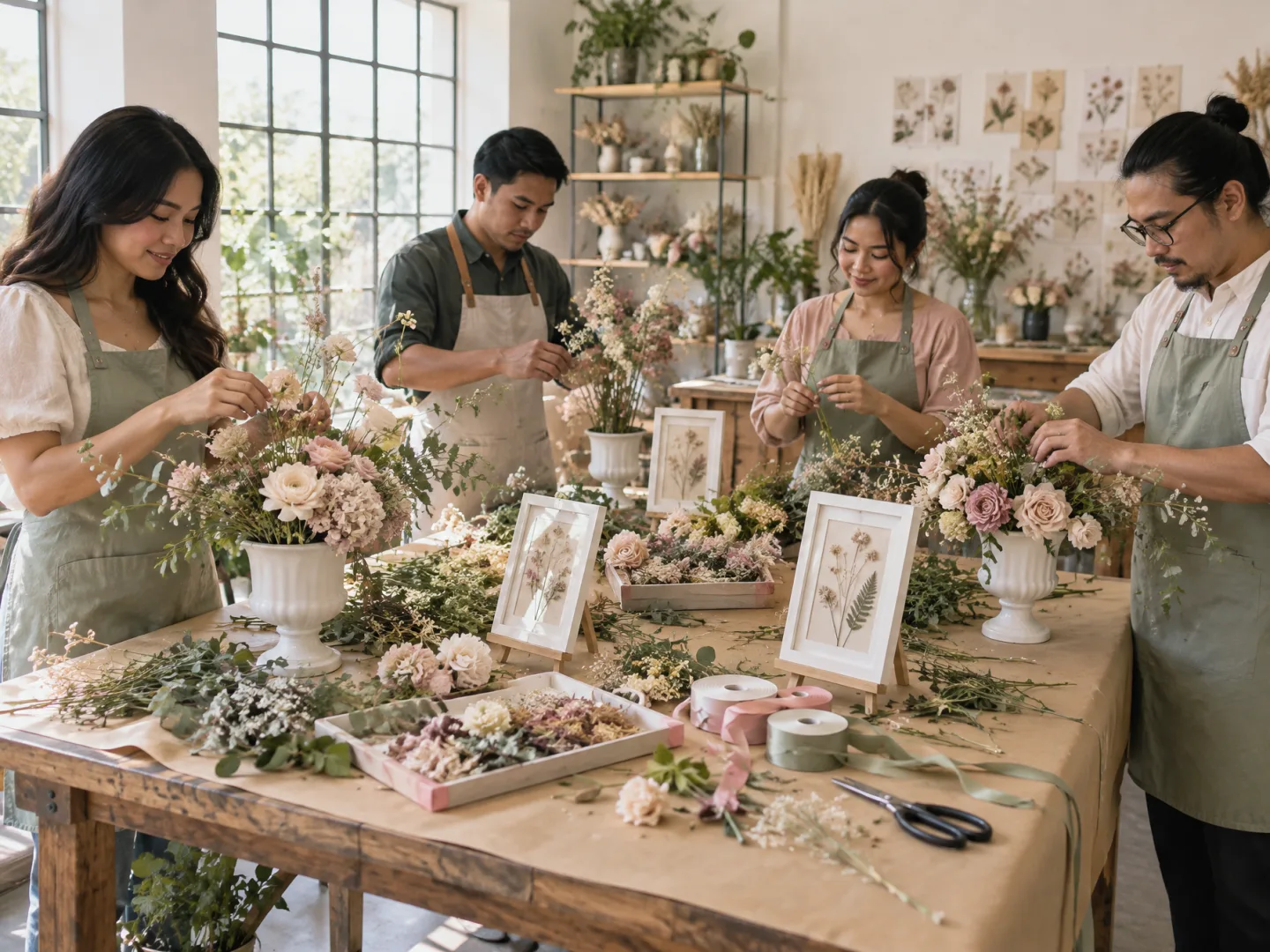 Illustrative AI image: a long kraft-paper workshop table in a sunlit studio, with friends arranging flowers, white pedestal vases, framed pressed flowers on easels, shears and ribbon
