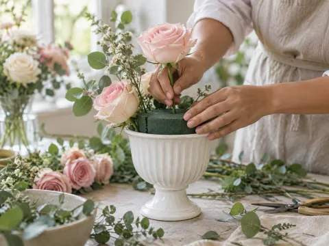 Illustrative AI image: hands pushing a rose stem into green foam inside a white pedestal vase