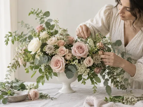 Illustrative AI image: a lush foam-based flower arrangement in a white pedestal vase with roses and greenery