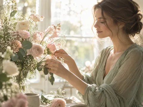 Illustrative AI image: backlit pale pink petals and baby's breath glowing against a bright window