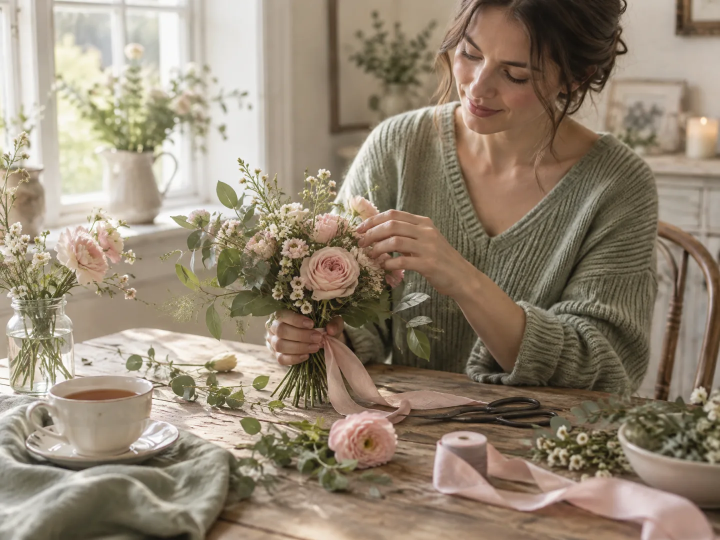 Illustrative AI image: a cozy table with a cup of tea, a small posy in a jar, scissors and ribbon