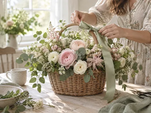 Illustrative AI image: a woven basket filled with fresh flowers and greenery, with a ribbon on the handle