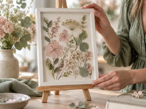 Illustrative AI image: a single white frame holding pressed flowers in blush and sage tones, on a wooden easel