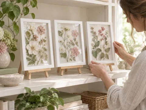 Illustrative AI image: three finished white frames of pressed dried flowers on small wooden easels
