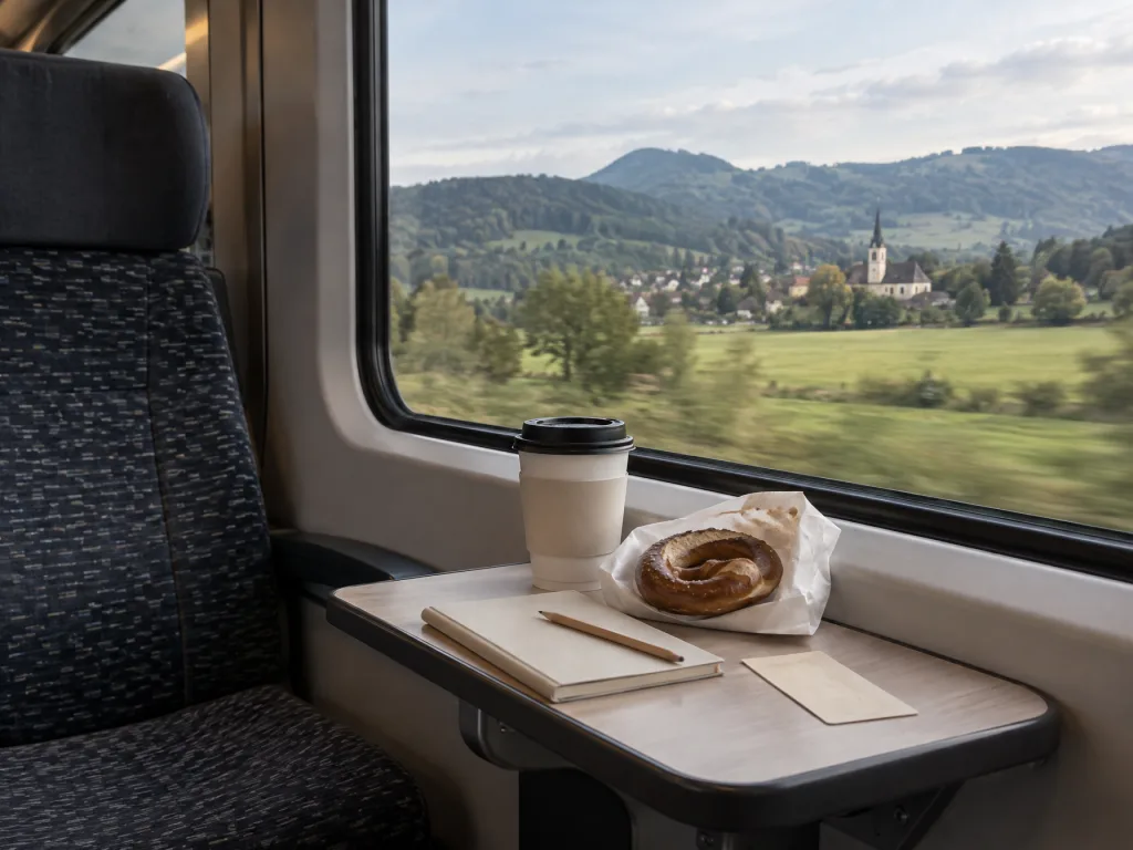 イメージ(AI生成):列車の窓側の席の小さなテーブルに、コーヒー、パン屋の紙袋、ノート。窓の外には緑の野原