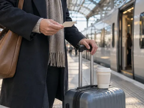 イメージ(AI生成):ガラス屋根の駅のホームで、スーツケースとコーヒーのそばに無地の切符を持つ手元