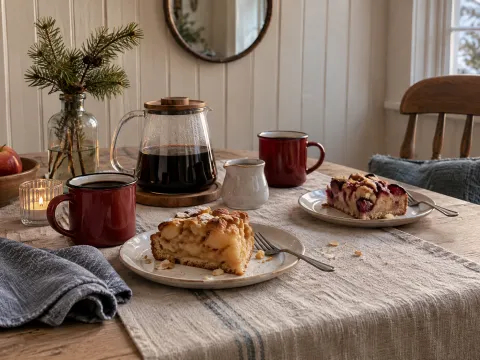 イメージ(AI生成):リンゴとプラムのケーキ、コーヒーのポット、赤いホーローのマグ2つが並ぶカフェテーブル