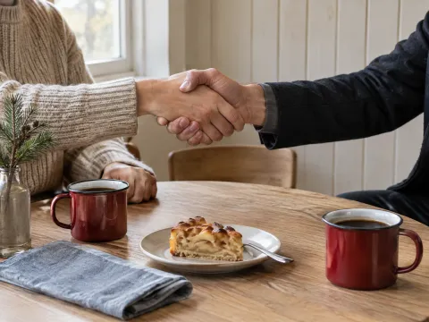 イメージ(AI生成):赤いマグ2つとリンゴのケーキがのったオーク材のカフェテーブルごしに握手する2人