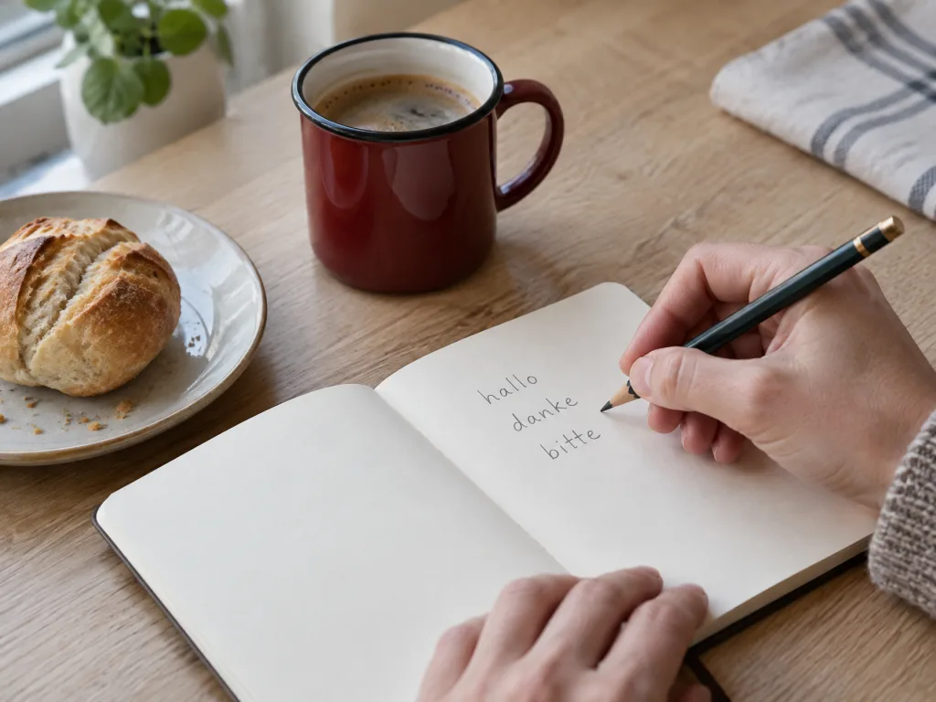 イメージ(AI生成):赤いマグと丸パンのそばで、小さなノートに hallo、danke、bitte と書く手元