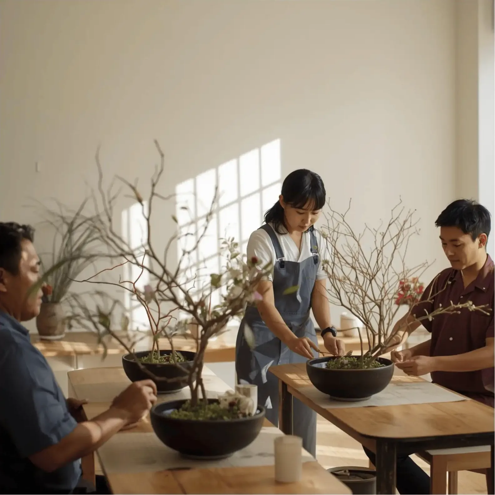 Participants arranging branches and flowers at a table in a bright, calm room