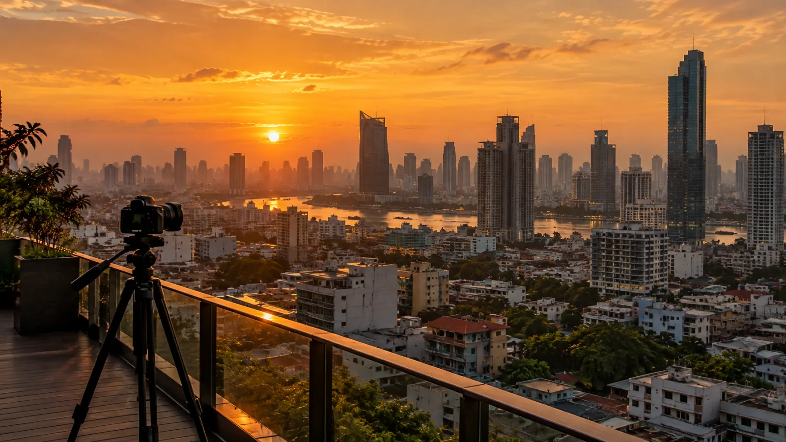 Illustrative AI image: golden-hour city skyline from a roof deck with a camera on a tripod in the foreground