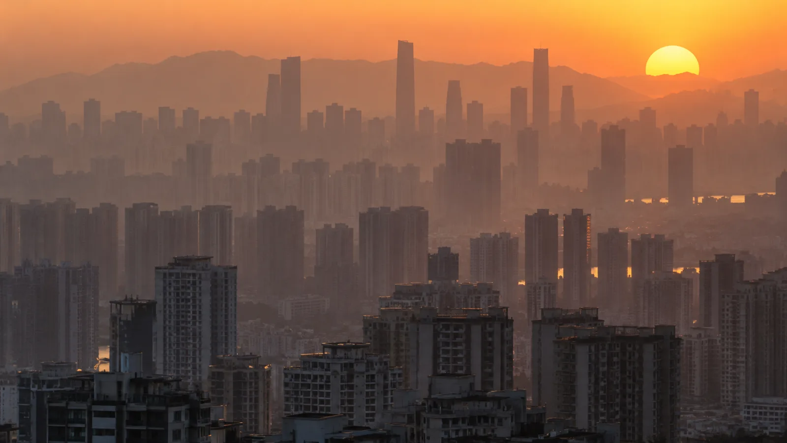 Illustrative AI image for Telephoto compression: Compress layers of buildings; see the Fujifilm workshop on Oct 17. Expect haze layers: shoot after sunset or at higher elevation angles.