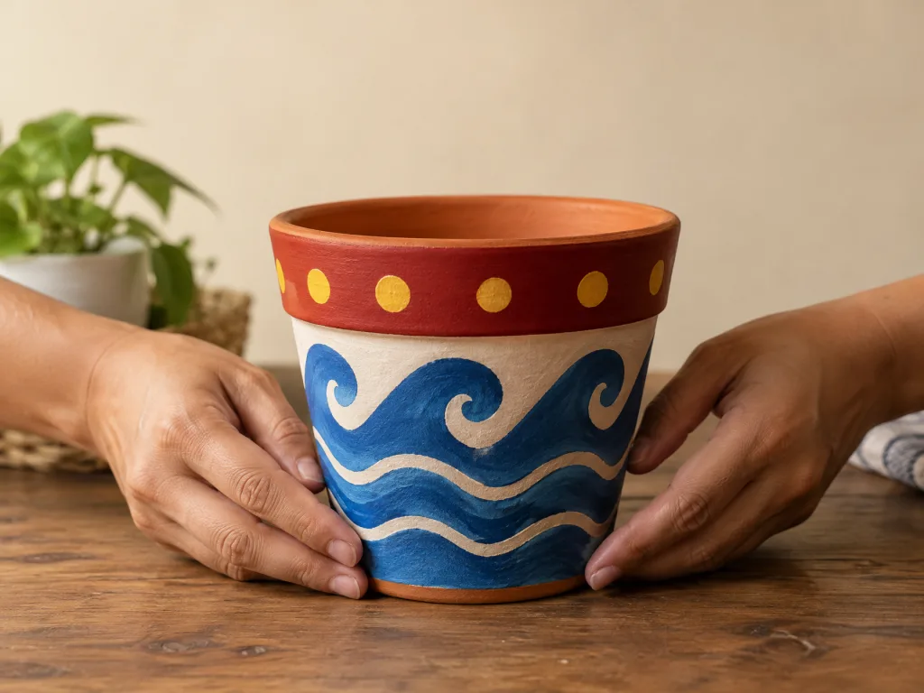 Illustrative AI image: the same pot painted with waves, a red band and yellow dots