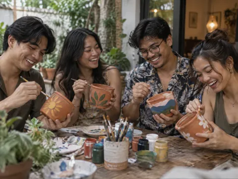 Illustrative AI image: four friends laughing while painting pots at a table