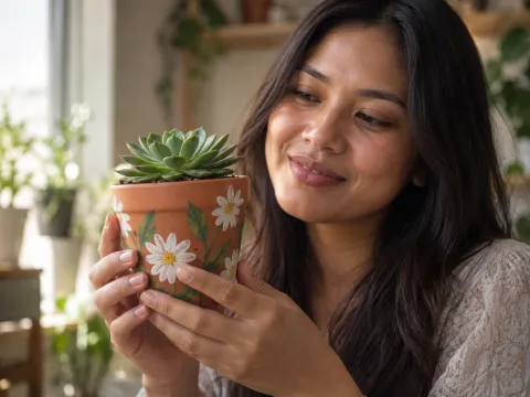 Illustrative AI image: a pot painted with white daisies holding a small succulent