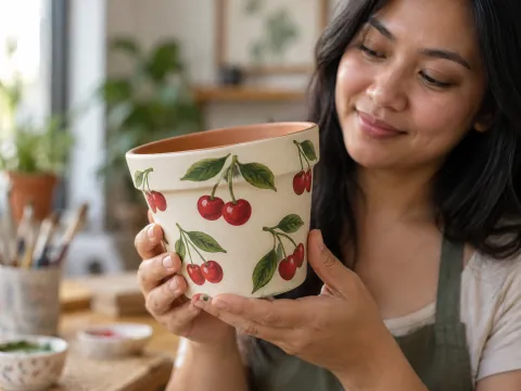Illustrative AI image: a cream pot painted with red cherries and green leaves