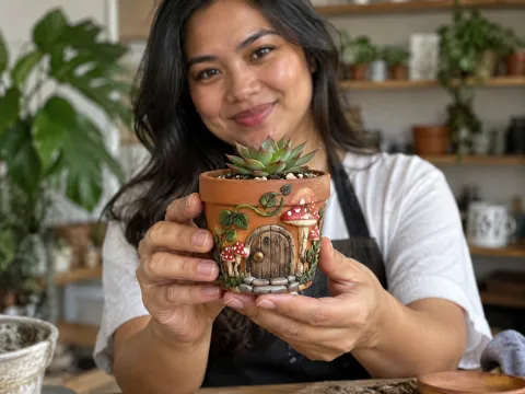 Illustrative AI image: a finished fairy-door mushroom pot holding a tiny succulent