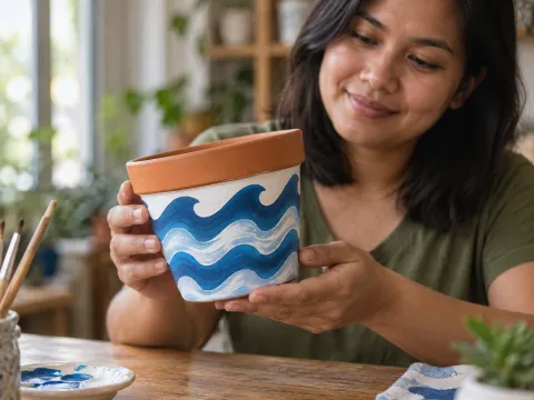 Illustrative AI image: a terracotta pot painted with blue and white waves