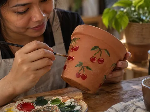 Illustrative AI image: hands painting small red cherries onto a terracotta pot