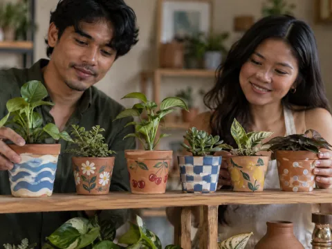 Illustrative AI image: six finished painted pots on a wooden shelf: waves, daisies, cherries, checks, lemons and dots