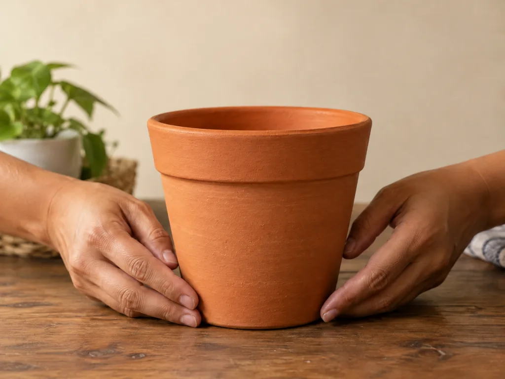 Illustrative AI image: a plain unpainted terracotta pot