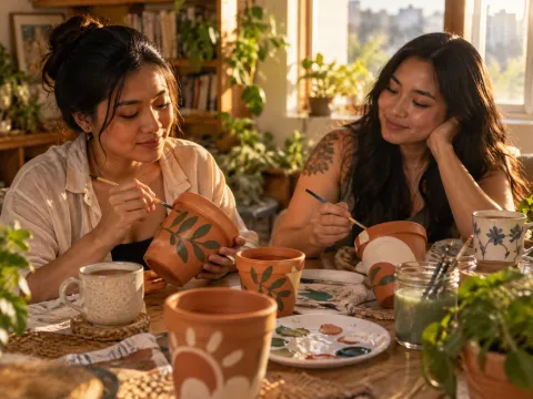 Illustrative AI image: a cozy table with mugs of tea and pots mid-paint in afternoon light