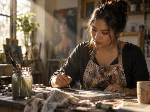 Illustrative AI image: a painter at a work table with a brush jar in a sunbeam
