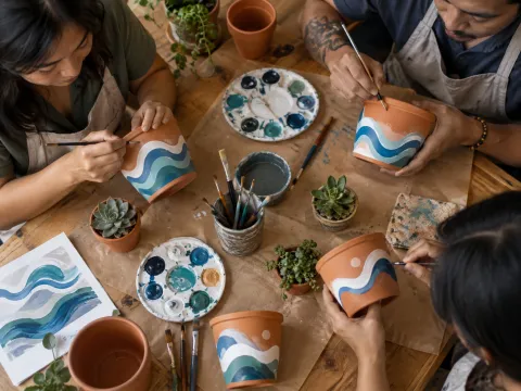Illustrative AI image: overhead view of paint palettes, brushes, small succulents and wave-patterned pots