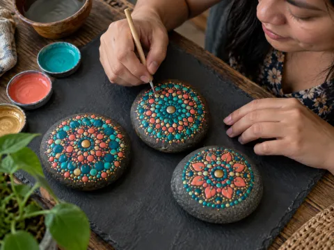 Illustrative AI image: three smooth round stones painted with colourful dot-mandala patterns