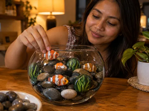 Illustrative AI image: a glass bowl of wet pebbles with stones painted as orange and white clownfish