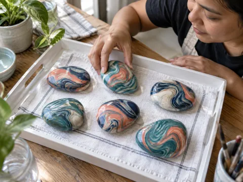 Illustrative AI image: six marbled swirl stones drying on a tray