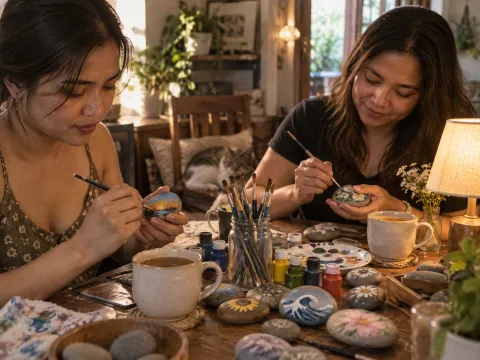 Illustrative AI image: a cozy craft table with tea, a small lamp, half-painted stones and a jar of brushes