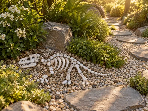Illustrative AI image: a garden path of pebbles with painted white pebbles arranged like a small dinosaur skeleton