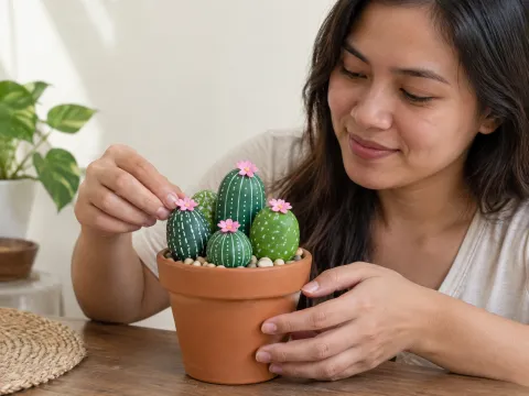 Illustrative AI image: stones painted as small green cacti with pink flowers, planted in a little terracotta pot
