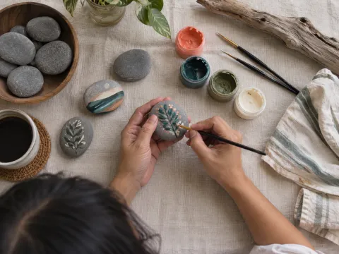 Illustrative AI image: overhead view of smooth grey stones, paint pots, fine brushes, a linen towel and driftwood, with hands painting a leaf design on a stone