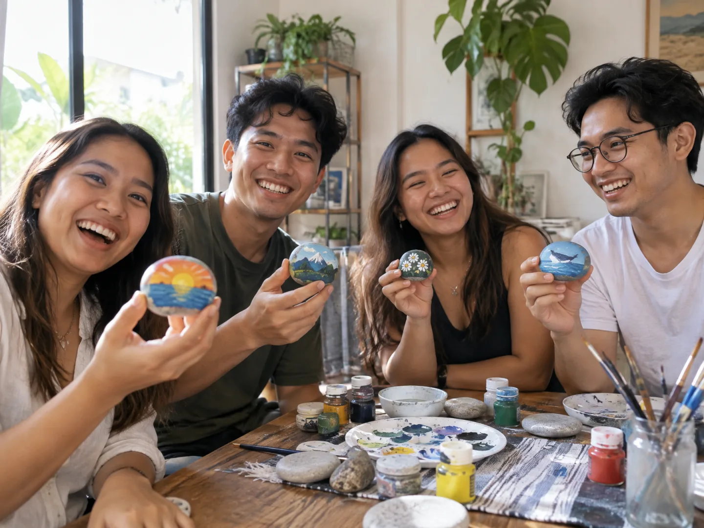 Illustrative AI image: friends laughing at a craft table while holding up their painted stones