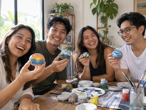 Illustrative AI image: friends laughing at a craft table while holding up their painted stones