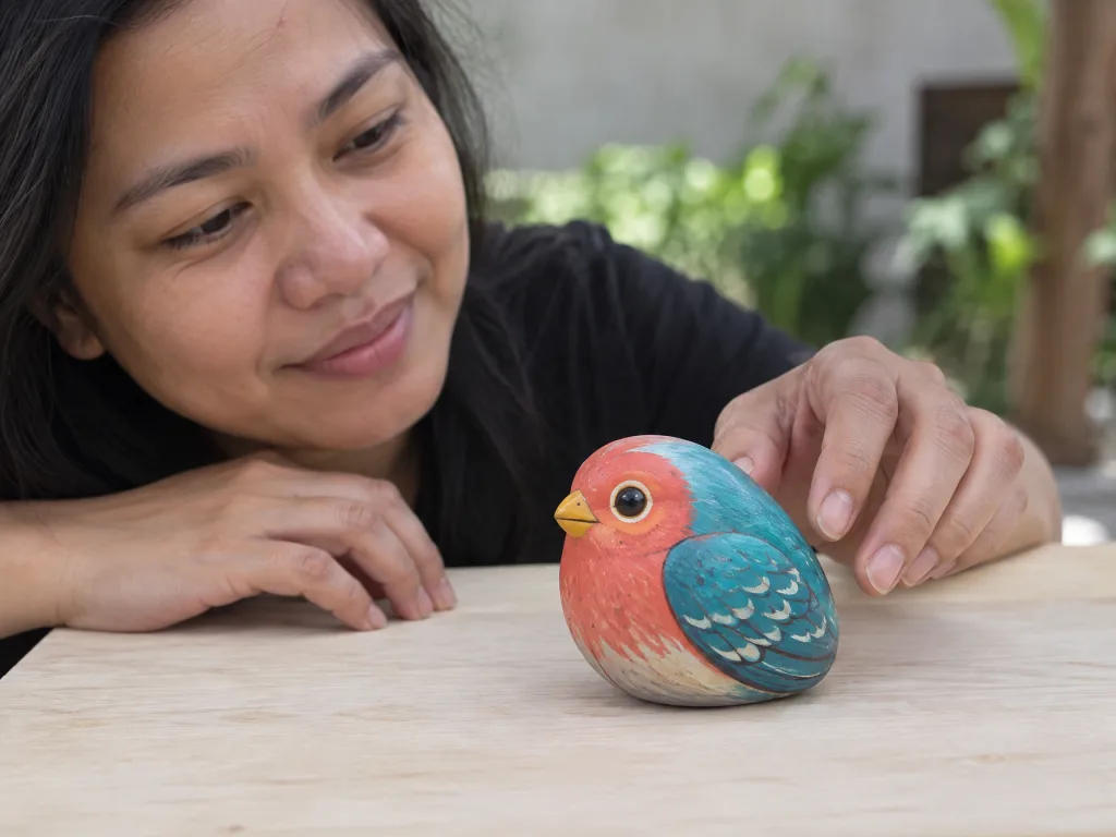 Illustrative AI image: the same stone painted as a little bird