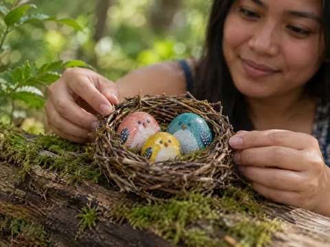 Illustrative AI image: three painted bird stones resting in a woven twig nest