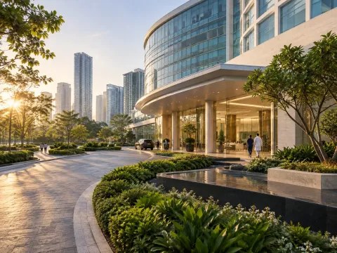 Illustrative AI image: curved glass and stone hospitality building with a water feature
