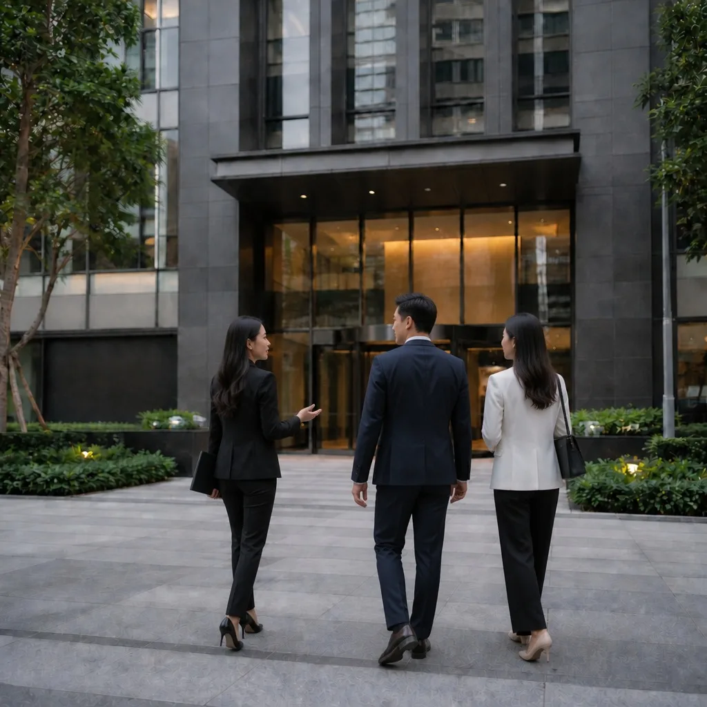 Illustrative AI image: three professionals walking toward a tower lobby
