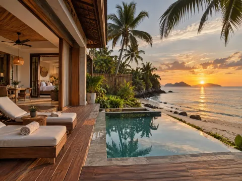 Illustrative AI image: beachfront villa deck with a plunge pool at sunset