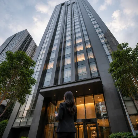 Illustrative AI image: worm-eye view of a dark stone tower entrance