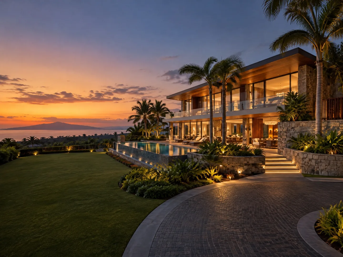 Illustrative AI image: luxury tropical house with an infinity pool at twilight