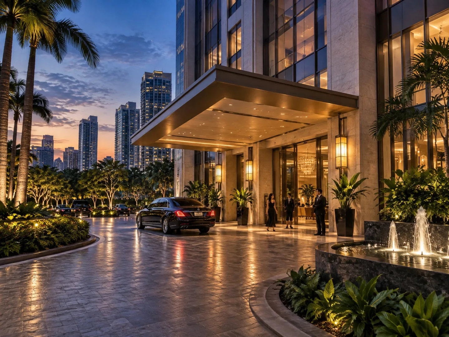 Illustrative AI image: five-star hotel entrance with lanterns and a fountain