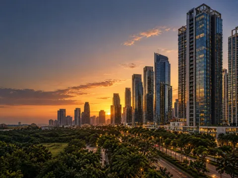 Illustrative AI image: city skyline at golden hour over a tree-lined road