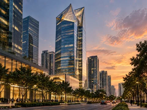 Illustrative AI image: sculptural-crown glass tower at dusk