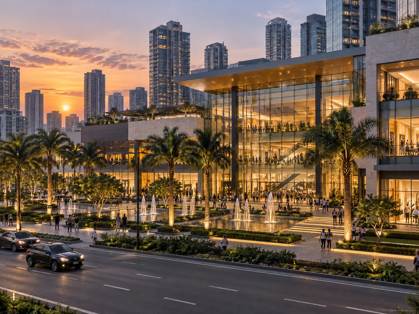Illustrative AI image: upscale shopping mall exterior with fountains and palms at dusk