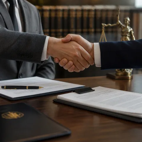 Illustrative AI image: handshake detail on a dark wood desk with a pen